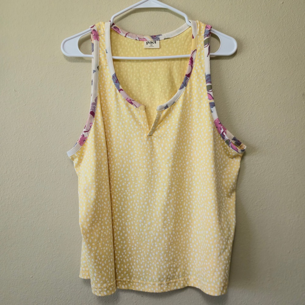 Pact Organic Cotton Tank Top Yellow White Dot Floral Trim Split Neck XL